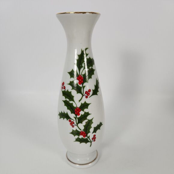 Bud Vase Christmas Holly Berry Holiday Decor White Porcelain 6 1/2" Gold Trim - Picture 1 of 11